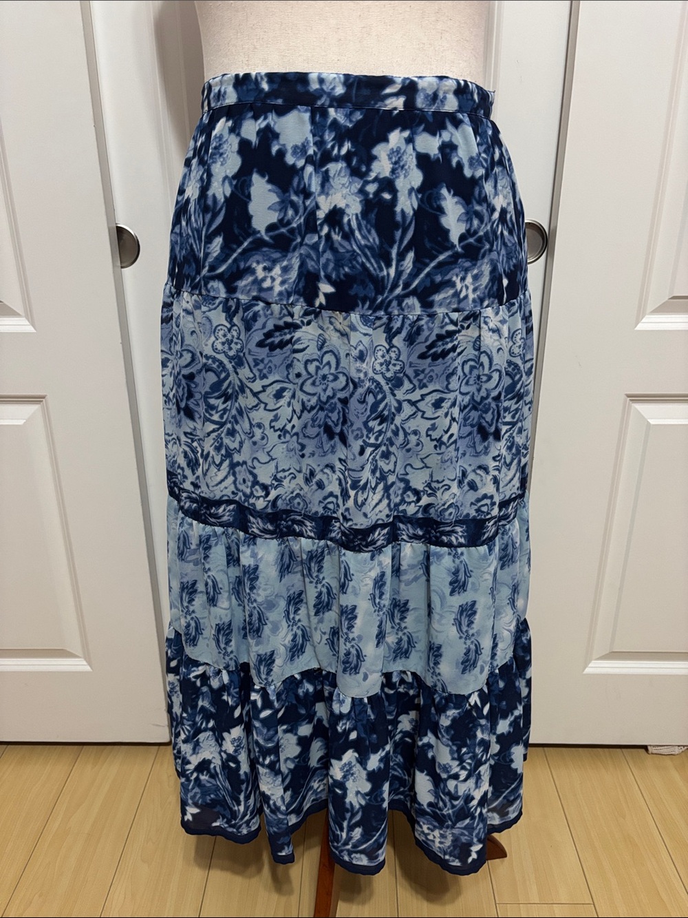 Navy & Light Blue Floral Tiered Maxi Skirt - Women's